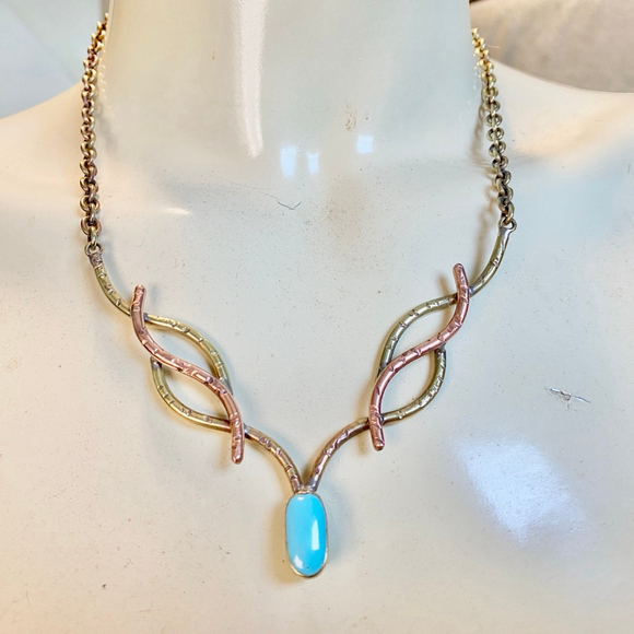 Vintage Celtic Brutalist Art Copper Sleeping Beauty Turquoise Statement Necklace - Picture 5 of 7